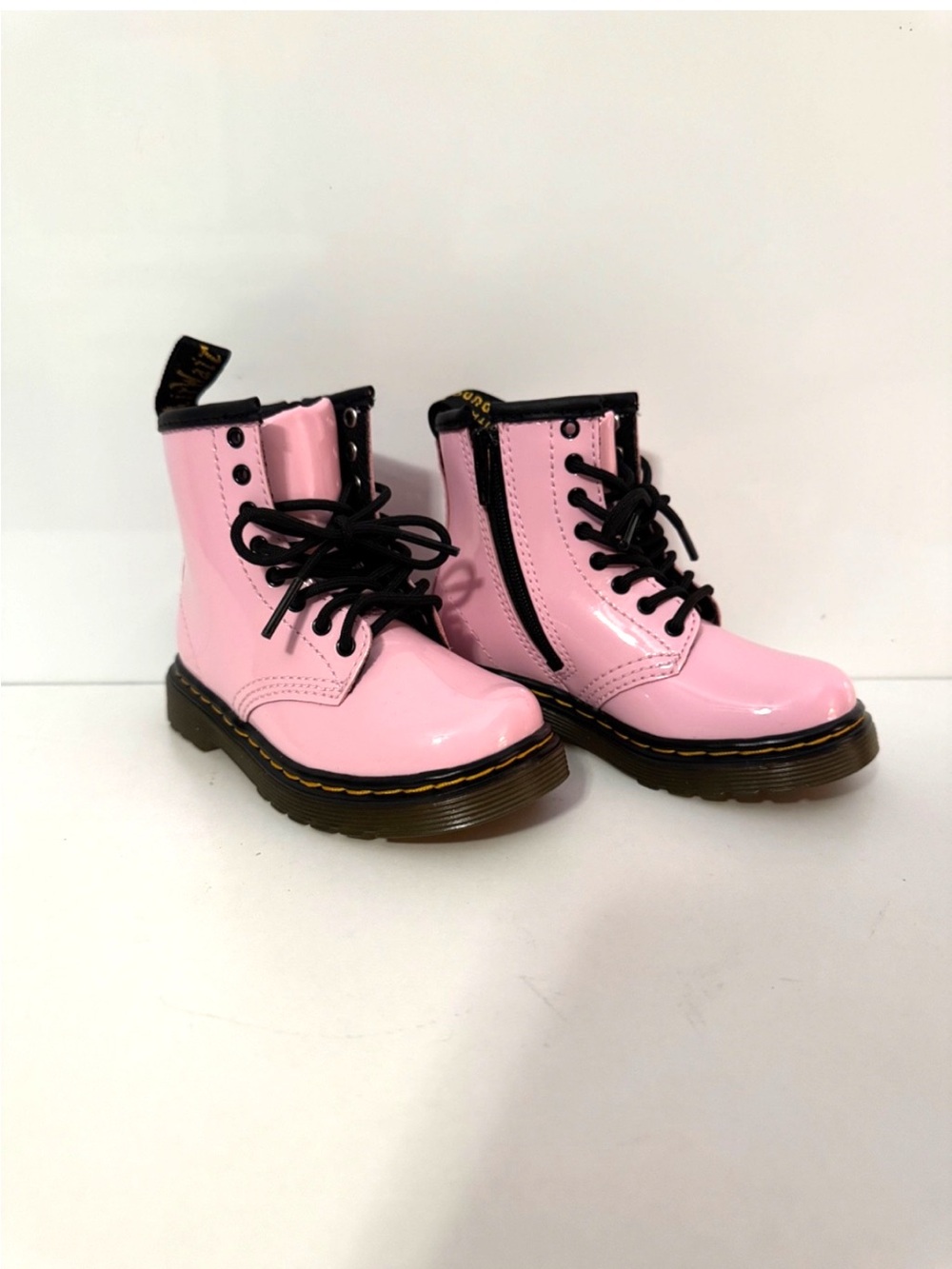 Dr Martens kids  Pink Glossy Lace-Up Combat Boots with Side Zipper